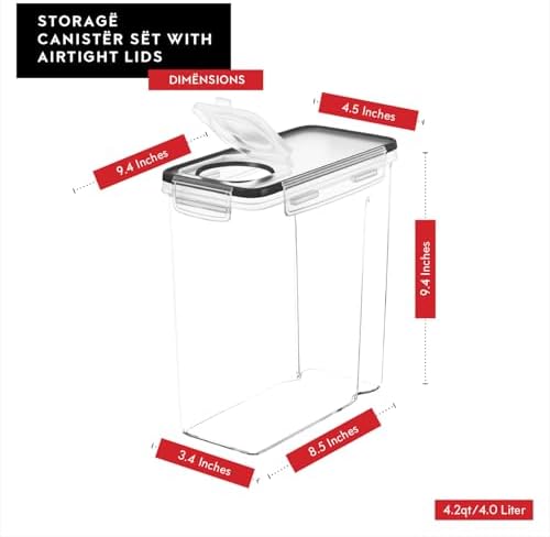 DWËLLZA KITCHEN Cereal Containers Storage 4 Pack 135 fl. oz Cereal Dispenser Airtight Food Storage Containers BPA-Free Pantry Organization and Storage, Canister for Flour & Sugar 1 Marker 8 Labels