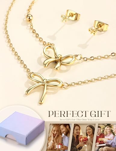 KRFY Jewellery Set for Women Gold Silver Pearl Bow Bracelet Necklace and Earrings Set Stainless Steel Cubic Zirconia Earrings Studs Pendant Necklaces Bracelets Women's Jewellery Sets Gold - Bow - Image 5