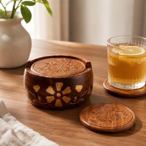 Image of Premium Wooden Coasters for Drinks Set of 6 - Solid Wood Coasters with Holder | Round Table Coasters for Coffee Table, Bar, Kitchen & Office | Perfect Housewarming & Gift