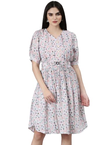 Image of SHOWOFFFF Women Printed Fit and Flare Casual Dress | Sweetheart Neck 3 /4th Sleeves Cotton Dress for Womens | Knee Length Dress for Women's