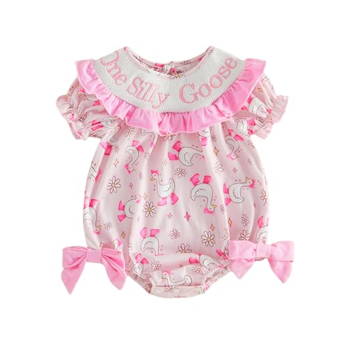 Ldaiyiu My First Easter Baby Girl Outfit Bunny Egg Bubble Romper Short Sleeve Onesie Bodysuit Spring Baby Smocked Clothes (One Silly Goose-Pink 12-18M)