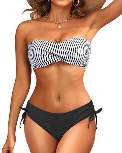Image of Tempt Me Women Strapless Bandeau Bikini Set Twist Front Two Piece Swimsuit | Detachable Shoulder Straps, Molded Cup Design, Anti-slip Strips, Side Tie Bikini Bottom, Low Rise Fit