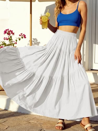 Image of ANRABESS Women's Boho Elastic High Waist Pleated A-Line Flowy Swing Asymmetric Tiered Maxi Long Skirt Dress with Pockets