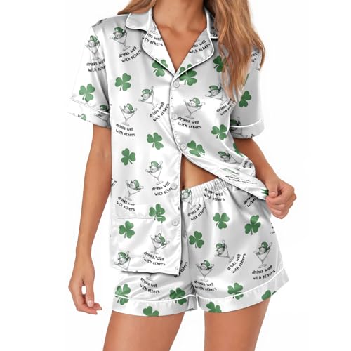 Image of Women 2PCs Satin Pajama Set Short Sleeve Silk Feel Gift Sleepwear | Soft stretch satin; relaxed comfort fit sizes S-3XL for sleep & lounge; short sleeve top, elastic waist shorts; easy care