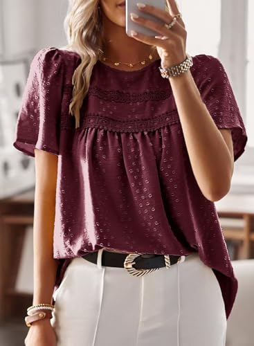 Image of Falechay Womens Summer Tops Crewneck Short Sleeve Shirts Casual Chiffon Blouses Flowy Lace Hem Boho Clothing Trendy 2026