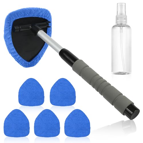AMFUN Nettoyant pour Pare-Brise, Nettoyage Pare Brise Kit, 180° Extensible Brosse de Fenêtre de Nettoyage à Manche avec 5 Tampons Microfibres et 1 Vaporisateurs, pour le Nettoyage des Vitres(Triangle)