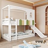 Etagenbett 90x200 Cm Mit Rutsche Und Sicherheitsleiter, Hausrahmen Mit Fenstern Mehrfarbiges Geländer, Hochbett Mit Offenem Unterbereich, Bettgestell Mit Lattenrost, Bettrahmen Für Schlafzimmer