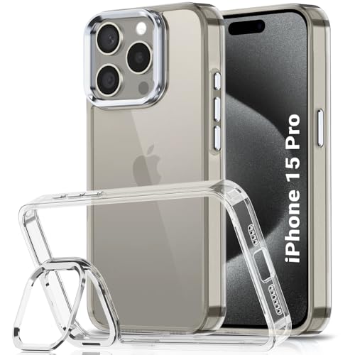Image of TheGiftKart Hybrid Back Cover Case for iPhone 15 PRO | Built-in Stand | Shockproof Hard Back Case Cover for iPhone 15 PRO (PC & TPU, Clear Back, Transparent Sides)