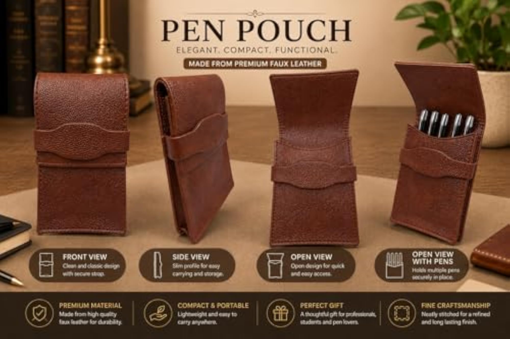 Faux Leather 5 Slots Pen Case, Pencil Pouch Holder