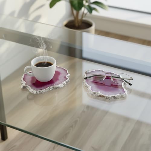 Image of Natural Agate Stone Tea Coasters Set | Premium Stone Coasters for Tea, Coffee & Glass | Heat Resistant Coasters for Dining Table, Office Desk & Home Decor | Pack of 2 | Color -Pink