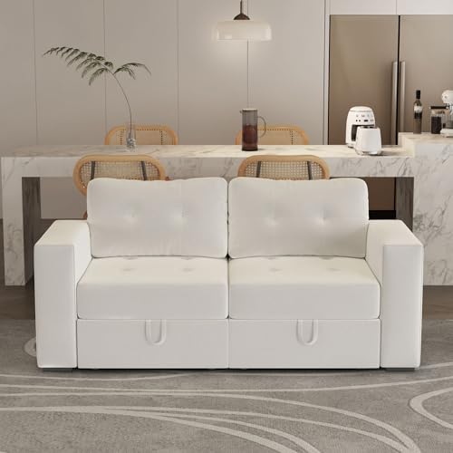 Image of QHITTY Loveseat Modular Sofa, 2 Seater Accent Couch with Hidden Extra Large Storage Space for Living Room, Beige White