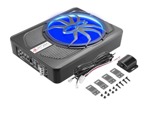 Image of Hydra Spider Halo 10 inch Metal Underseat Subwoofer (HY-10MH-HE-BLU) | 800W Peak, 180W RMS | Blue LED Spider Grill | Ultra Slim Powered Car Subwoofer with Remote Control