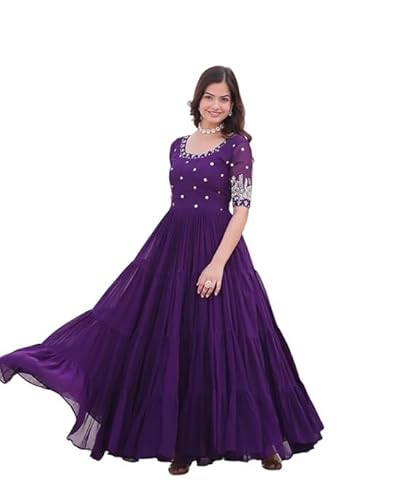 Women's Georgette Embroidered Flared Anarkali Gown – Traditional Indian Ethnic Wear (US, Alpha, X-Large, Regular, Regular, Purple)