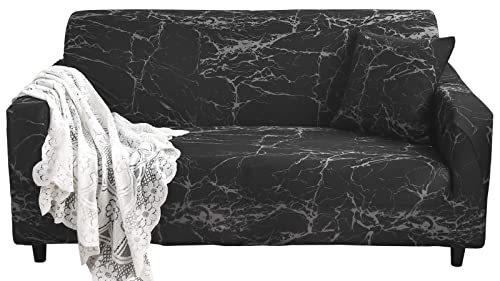 Celevingne Printed Couch Cover Stretch Sofa Cover Sofa Protector For Loveseat Elastic Sofa Slipcover With 1 Pillowcase (Black Marble, Loveseat) #TOP22
