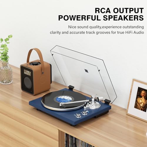Image of Belt Drive Turntable for Vinyl Record Player, Bluetooth Output, Built-in Phono Preamp, USB Digital Output, Magnetic Cartridge, 33 /45 RPM, Wood Design, No Built-in Speakers(Blue)