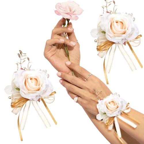 QFGasre 2pcs Champagne Corsage and Boutonniere Set Rose Wrist Corsages Bracelets Prom Flower Wedding Flowers Accessories Prom Suit Decorations for Women Men