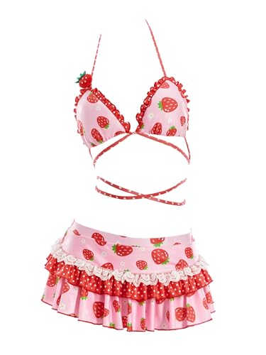 haikyuu Women Strawberry Swimsuit Kawaii Bikini Cute Bathing Suit Pink Y2k Swimwear Vintage Retro (US, Alpha, X-Large, Regular, Regular, Standard, red)