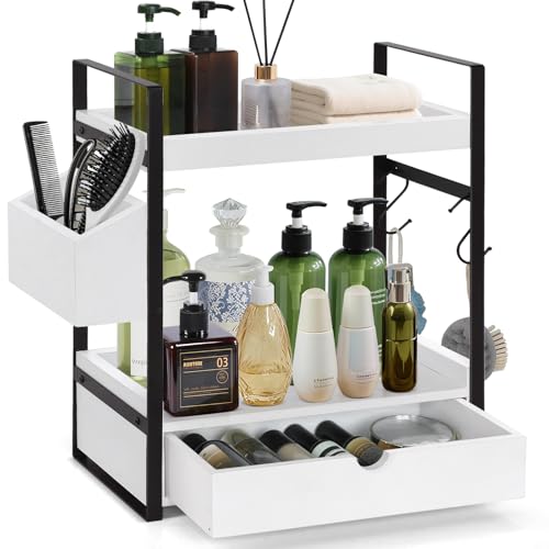 2-Tier Bathroom Organizer Countertop with Drawer and Basket, Wooden Countertop Organizer for Storage, Bathroom Vanity Tray for Organization and Decor, Counter Shelf for Bathroom, Kitchen, Office