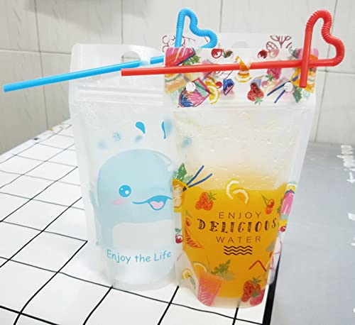 U/B 30 Pcs Drink Pouches Bag With Straws Smoothie Bags Juice Pouches Heavy Duty Hand-Held Translucent Reclosable Stand-Up Plastic Pouches Bags Drinking Bags 2.4Inch Bottom Gusset With 30Pcs Straws thumb #4