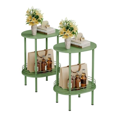 Image of Green Side Table Set of 2,Small Modern Round Side Table with Storage,2-Tier Nightstand,Samll End Table for Small Space,Living Room,Bedroom, Nursery, (2PC,Green)