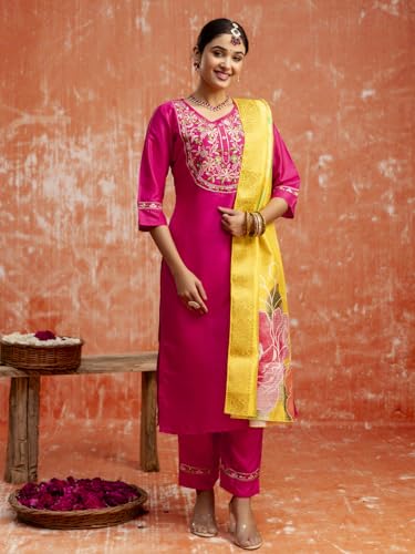 Image of VredeVogel Women's Silk Blend Embroidered Kurta Pant Set with Jacquard Dupatta | Modern & Traditional Blend Ethnic Wear Set