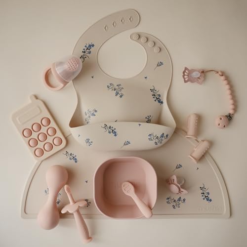 Image of mushie Silicone Baby Bib | Adjustable Fit Waterproof Bibs (Lilac Flowers)
