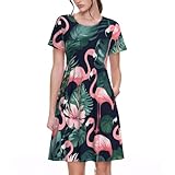 Vestidos de verano para mujer, con estampado de flamencos, estilo casual, con falda, manga corta, bolsillos, para el sol, Negro, XL