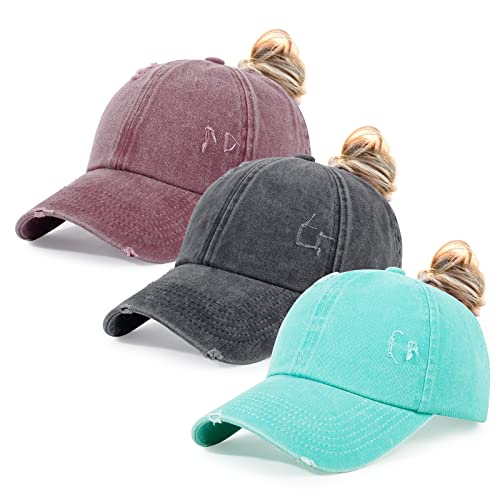 Image of HH HOFNEN Ponytail Hat for Women Washed Distressed Baseball Cap Ponycaps