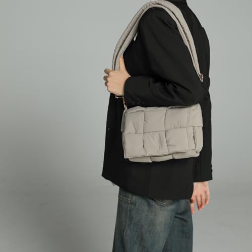 Image of Shoulder Bag Lightweight Puffer Tote Crossbody Bag Handwoven for Women | waterproof nylon, durable, soft padded texture, versatile for travel, work, weekend, everyday, adjustable strap