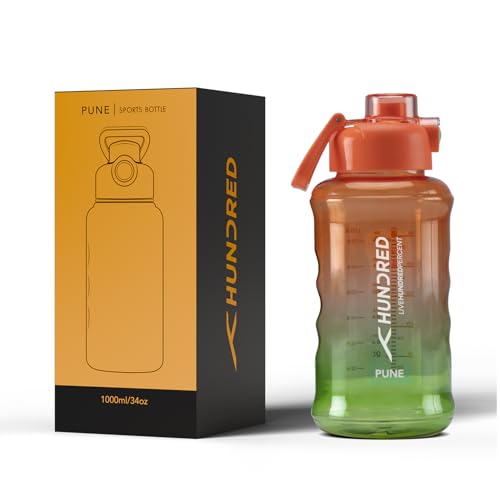 Image of Hundred Pune 1 Litre Water Bottle | 1000ml / 34oz | BPA Free | One Key Open Safety Lock | Spill and Leak Proof Sports, Travel, Gym Bottle (Orange /Green)