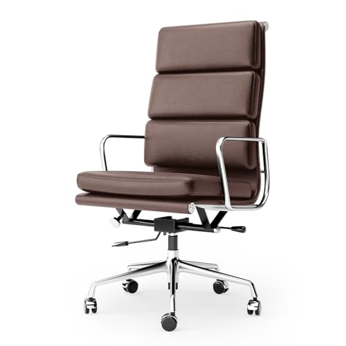 Image of Genuine Leather Office Chair, Padded High Back Ergonomic Executive Desk Chair with Aluminum Arm Rest and Base, Swivel Wheels with Lumbar Support & Tilting Function, Hight Adjustable, Dark Brown