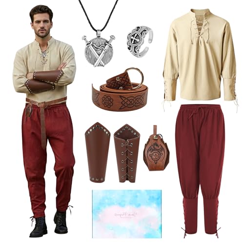COYBTO Disfraz Medieval Hombre, Vestido Renacimiento con Camisa Pantalones de Pirata, Regalo para Hombre, Disfraz Vikingo Traje Caballero Medieval para Carnevale Cosplay Halloween (Rojo, XL)