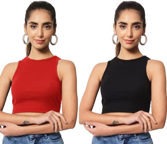 Women's Ribbed Knit Sleeveless Crop Tank Top, Round Neck, Slim Fit, Stretch Polyester, Pack of 2, MULTYCOLOUR (in, Alpha, Free Size, Regular, Little Girls, Red)-picture-32