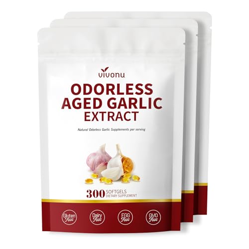 Image of VivoNu Aged Garlic Extract Capsules, 300 Softgels, Odorless, Gluten Free | Odorless 24-month aged garlic softgels with Mag, Chromium, B1 & B9. Non-GMO, 100-day supply for holistic wellness.