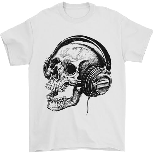 Skull Headphones Gothic Rock Music DJ t-shirt da uomo 100% cotone, bianco, M