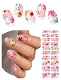 AutyaMee Semi Cured Gel Nail Strips (Cute Flower), 20 Pcs Summer Pink Gel Nail Wraps, Stickers, UV Light Required, Salon Quality, Long Lasting