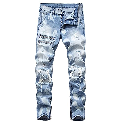 Mens Slim Fit Ripped with Zipper Denim Pants Distressed Holes Biker Jeans Skinny Vintage Stretch Jean Trousers (Blue,30)