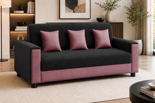 Image of Modern 3 Seater Sofa | Contemporary Upholstered Couch | Premium Cushioned Seating | Stylish Armrest Design | Comfortable Sofa for Living Room, Bedroom & Office - Black + Rose Pink Color