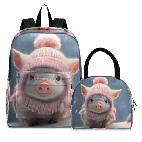 Backpack Lunch Box Set Large Capacity Travel Backpacks and Insulated Lunch Bag for Commute Hiking Picnic Little Pig Print