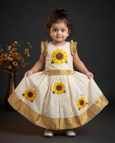 Image of Stanwells Kids Baby Girl Dress Cream Gold Pattu Pavadai Cotton Silk Lehenga Choli Kerala Kasavu South Indian Onam Festival Traditional Ethnic Wear