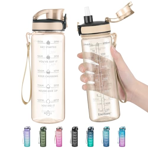 Enerbone Water Bottle, Leakproof BPA & Toxic Free, Motivational Water Bottle with Times to Drink and Straw, Fitness Sports Water Bottle with Strap for Office, Gym, Outdoor Sports