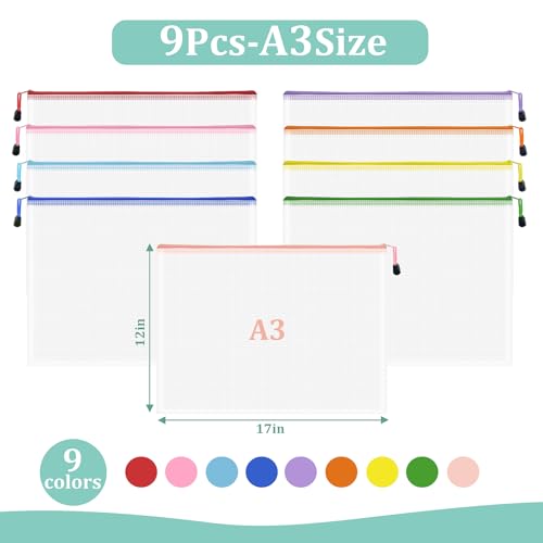 Image of 9pcs Mesh Zipper Pouch Bags, A3 Sizes, 9 Colors, Board Game Storage, Travel, School, Office Organize
