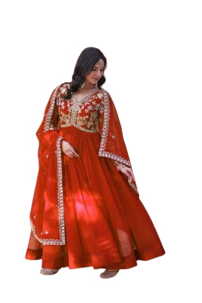 Traditional Rust Orange Anarkali Gown, Embroidered Long Dress with Gold Floral Work, V-Neck Floor Length Ethnic Wear-image-26