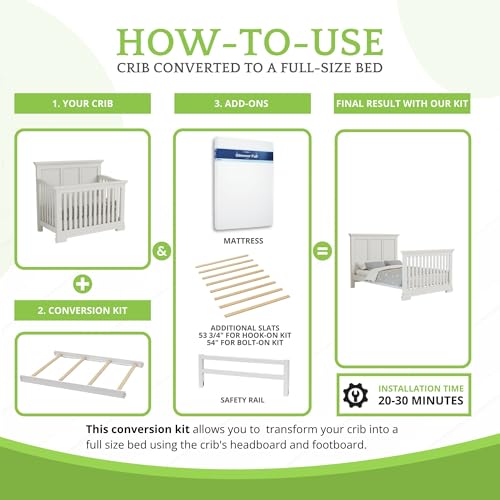 Image of Full-Size Conversion Kit Bed Rails for Oxford, Soho, Ozlo & Avalon Baby Convertible Cribs - Solid Wood - Toddler and Adult Rail for Full-Size Bed - Nursery and Baby Furniture (White, Hook-On Kit)