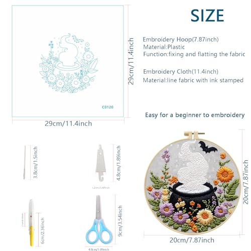 Image of Zhenqing 4-Piece Halloween Embroidery Kit for Beginners - Spooky Ghost, Witch Hat, Black Cat & Cauldron Designs with Pre-Printed 29x29cm Cotton Fabric, Hoop, Threads & Tools(C0165)