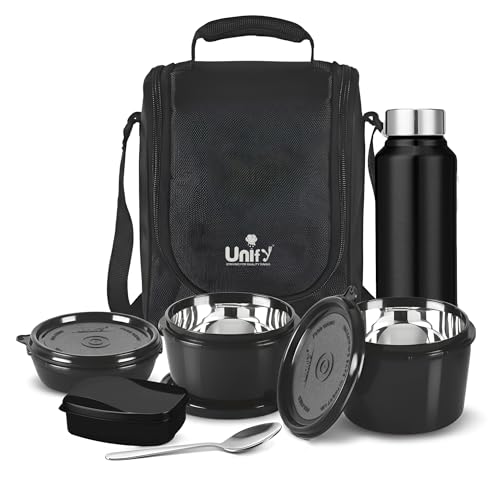 Image of Unify MealMate Lunch Box with 3 Microwave Safe Inner Steel Containers (500ml, 350ml, 200ml), 130ml Plastic Chutney Dabba, Water Bottle 750ml & Spoon | Office Tiffin with Insulated Bag, Black