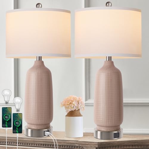3 Color Temperature Table Lamps for Living Room Set of 2, Brown Ceramic Bedroom Bedside Lamps with USB C and A Ports, 27'' Rustic Nightstand Lamp with Sand Nickel Base and White Shade (Bulb Included)