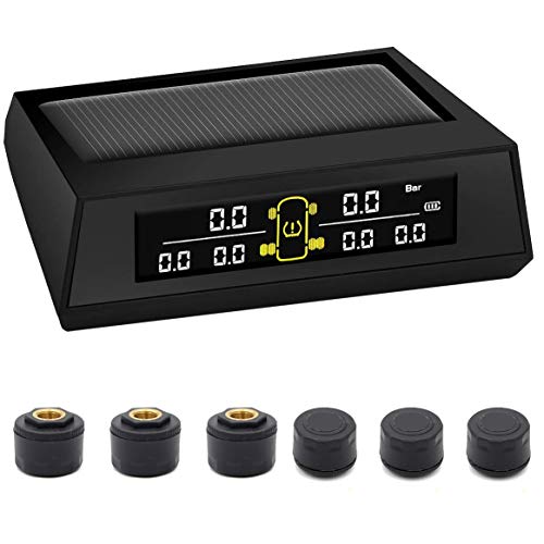 B-Qtech Tire Pressure Monitoring System for RV Trailer, with 6 Tire Pressure Sensors, Solar/USB Charging TPMS Wireless Monitor, 6 Alarm Function and Real-time Display Tire Pressure and Temperature.