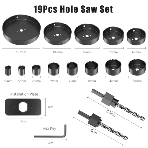 HYCHIKA Hole Saw Sets, 19PCS Hole Saws 19 mm-127 mm, 1 Installation Plate, 1 Hex Key, 2 Drill Bits, 2 Mandrels, Perfect Drilling Drywall, Soft Wood, PVC and Plastic Plate 6 HYCHIKA Hole Saw Sets, 19PCS Hole Saws 19 mm-127 mm, 1 Installation Plate, 1 Hex Key, 2 Drill Bits, 2 Mandrels, Perfect Drilling Drywall, Soft Wood, PVC and Plastic Plate - Image 6
