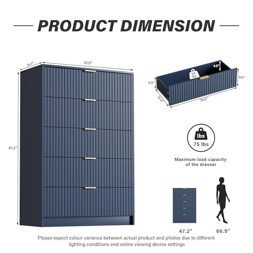 Image of Furniway Navy Blue Dresser Bedroom Set 3 Pieces, Nightstands Sets of 2, 5 Drawer Dresser with Gold Handles for Bedroom
